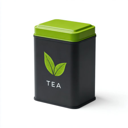 A sleek modern black tea canister with a vibrant green lid and leaf design, perfect for stylish kitchen organization, holding loose tea leaves, and enhancing beverage presentation.の素材
