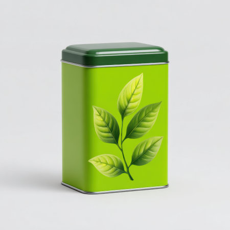 This vibrant green tin container features a leaf design, perfect for packaging fresh tea. Ideal for eco-conscious consumers seeking stylish storage solutions.の素材