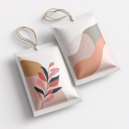 This image showcases modern eco-friendly packaging featuring soft colors and elegant leaf illustrations, perfect for beauty or food products.の素材
