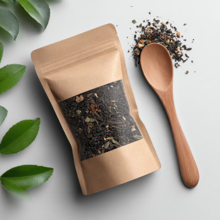 A stylish package of organic loose leaf herbal tea rests on a surface surrounded by green leaves and a wooden spoon, perfect for wellness enthusiasts and tea lovers.の素材