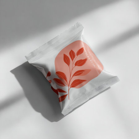 This image showcases a minimalistic package design with a leaf illustration against a soft background. Natural light enhances the elegance of the product.の素材