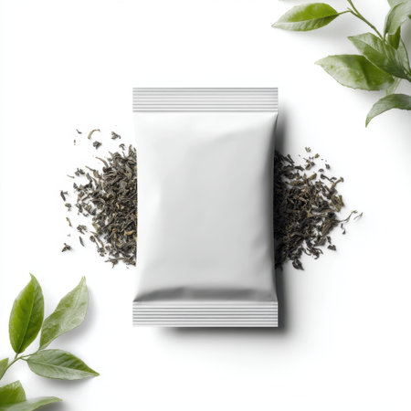 A minimalist tea package sits centrally against a clean white backdrop, surrounded by loose tea leaves and green tea, creating a serene and fresh ambiance.の素材