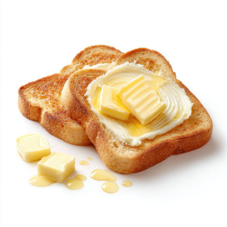 This image features a slice of freshly toasted bread generously spread with creamy butter, showing melted goodness and honey drizzling onto a wooden surface, perfect for a delicious breakfast.の素材