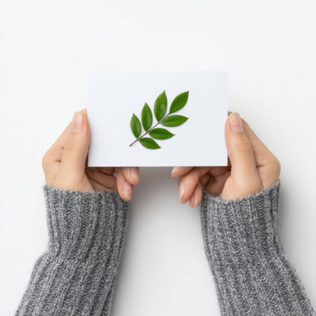 A soft and inviting image featuring two hands holding a blank white card adorned with fresh green leaves, creating a serene and natural aesthetic.の素材