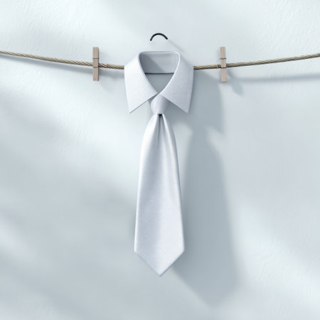 A crisp white shirt with a stylish collar and tie is elegantly hung against a clean white wall. The minimalistic presentation captures simplicity and modern fashion trends.の素材
