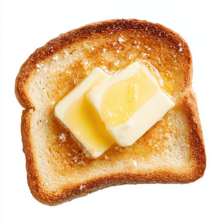 This image features a beautifully toasted slice of bread topped with melting butter, showcasing a warm and inviting breakfast option.の素材