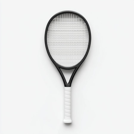 This image features a sleek and modern tennis racket set against a clean white background, perfect for sports-themed designs and promotions.の素材