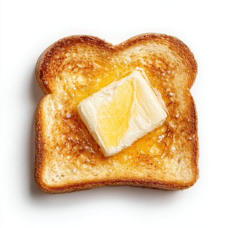 A beautifully toasted slice of bread topped with melted butter and a drizzle of honey, perfect for a comforting breakfast or snack option.の素材