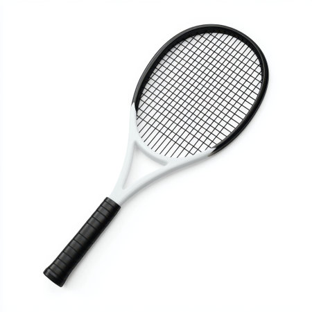 A tennis racket featuring a sleek black and white design, perfect for illustrating sports activities, fitness themes, and athletic endeavors.の素材