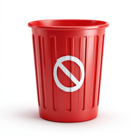 A vibrant red trash can featuring a prohibition symbol that indicates waste disposal restrictions, ideal for modern home or office settings.の素材