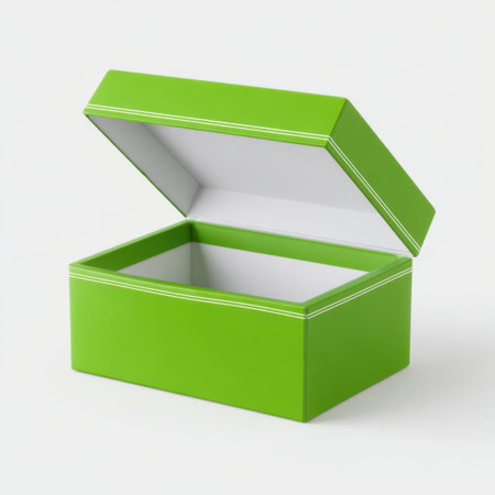 A bright green open gift box with a clean white interior, ideal for creative packaging, presentations, or decorative storage solutions. Its vibrant color and modern design make it a perfect choice for various occasions.の素材