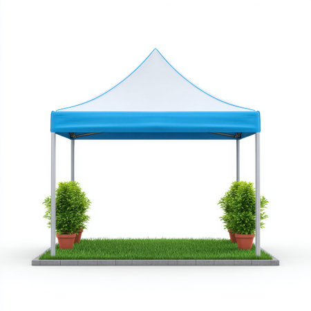 A vibrant blue canopy tent featuring green plants in decorative pots, set on a grassy floor, perfect for outdoor events and leisure activities.の素材