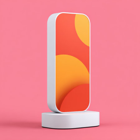 This image features a modern minimalist display stand showcasing geometric shapes in warm colors. It is perfect for creative projects and advertising.の素材