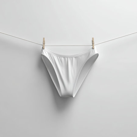 This image features a single piece of white underwear elegantly hanging on a clothesline against a smooth, neutral background, illustrating simplicity and minimalism.の素材