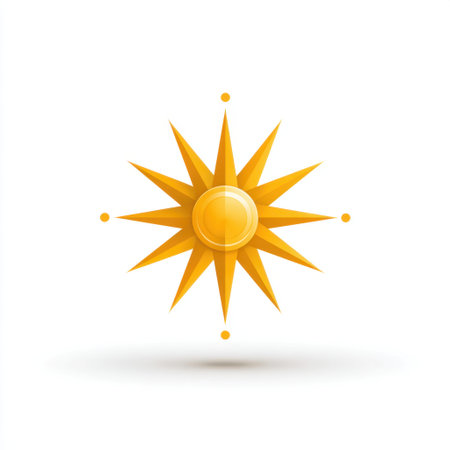 This vibrant sun symbol features sharp rays and a shiny center, creating a sense of brightness and energy. Perfect for summer themes and positive designs.の素材