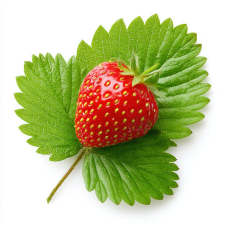A vibrant red strawberry sits atop lush green leaves against a pure white background, perfect for showcasing the freshness of natural produce in culinary artwork.の素材