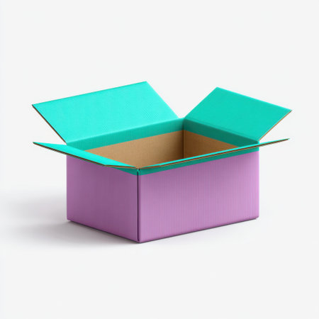 Bright and colorful open box features a unique turquoise and purple design, perfect for creative packaging solutions or storage options.の素材