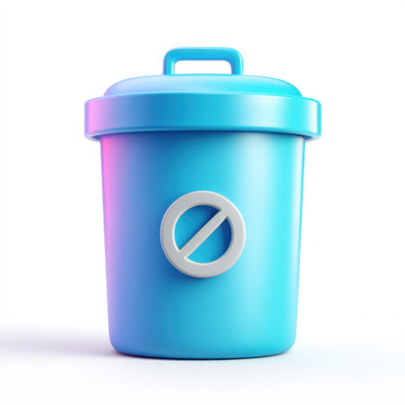 A vibrant blue trash bin featuring a no entry symbol, perfect for representing modern waste management practices in a clean and organized manner.の素材