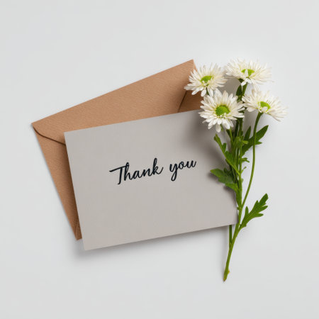 A stylish thank you card accompanied by delicate daisies rests beside a brown envelope against a clean minimal backdrop, perfect for any occasion.の素材