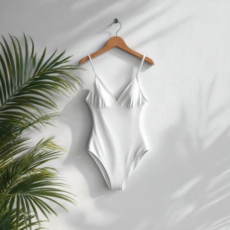 This elegant white swimsuit hangs gracefully against a minimalist wall, surrounded by lush tropical greenery, perfect for summer fashion and beach vibes.の素材