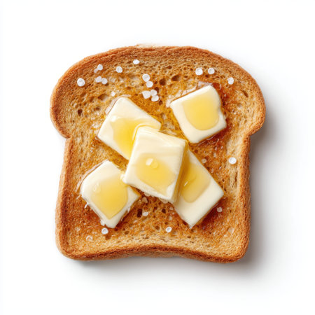 A close-up view of crisp toast topped with creamy butter squares and a hint of sea salt. A delightful breakfast choice for food lovers.の素材