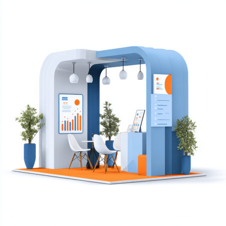 A modern exhibition booth design featuring bright colors, display screens, and a comfortable seating area. Ideal for marketing and promotional events.の素材