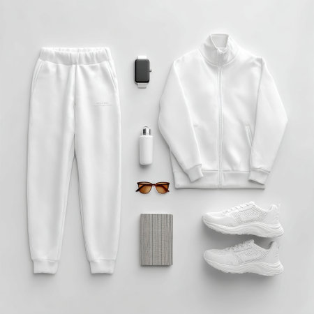 This image showcases a complete white sports outfit with accessories, perfect for an active lifestyle. Bright and stylish, it highlights comfort and modern design.の素材