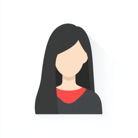 This minimalist flat design illustration features a woman with long black hair and a simple red top, perfect for modern and stylish projects.の素材