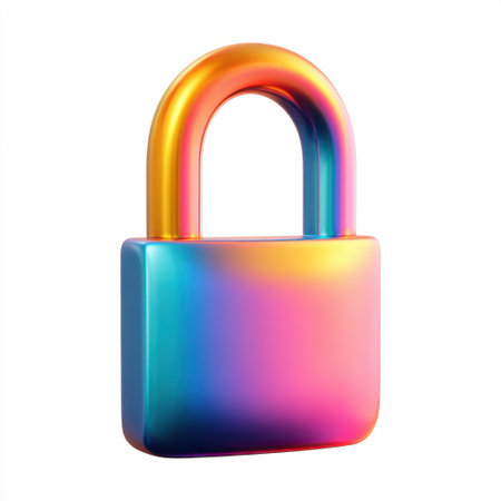 A vibrant 3D padlock icon featuring a colorful gradient, symbolizing security and protection. This modern design is perfect for digital safety themes.の素材