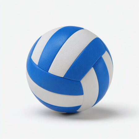 A vibrant blue and white volleyball placed on a clean white background, perfect for representing sports, athletic activities, and recreational events.の素材