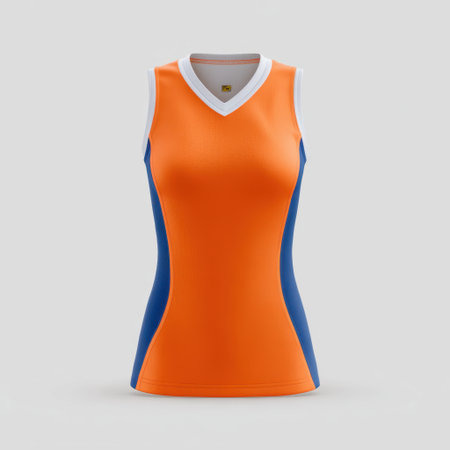 This athletic sleeveless top features a striking orange and blue design, ideal for sports or casual outings. Perfect for workouts or everyday use.の素材
