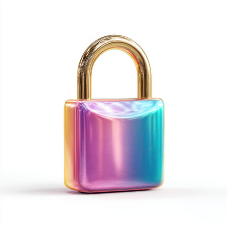 This image features a vibrant padlock with a glossy finish and a shiny gold shackle, showcasing a modern design against a clean white backdrop.の素材