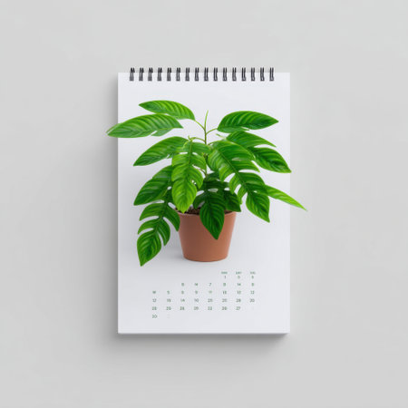 A modern wall calendar features a lush indoor plant in a terracotta pot, symbolizing simplicity and elegance in home decor, perfect for vibrant living spaces.の素材