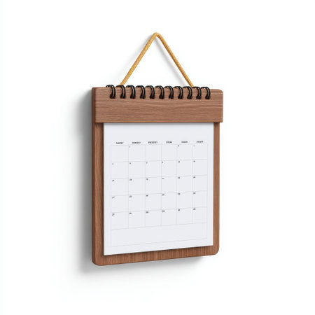 This image features a hanging wooden calendar with blank pages, ideal for planning and organizing dates and events in a minimalistic style.の素材