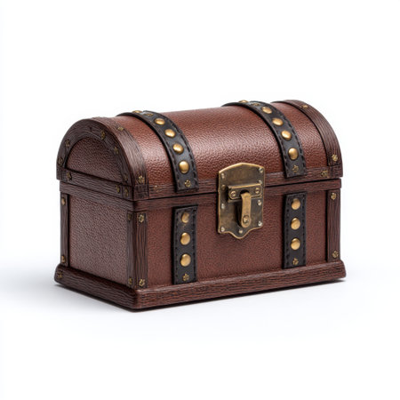 This vintage brown leather treasure chest features decorative straps and a sturdy metal lock, perfect for storage or as an elegant display piece.の素材