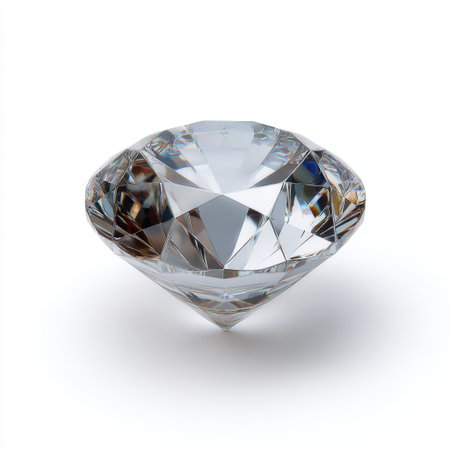 A stunning round cut diamond sits elegantly on a pristine white background, showcasing its brilliant facets and eye-catching sparkle, symbolizing luxury and beauty.の素材