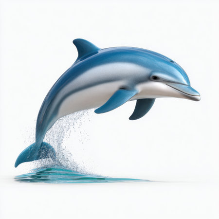 A vibrant and energetic dolphin leaps joyfully from the water, creating splashes that capture the essence of marine life. The bright blue colors and clear water highlight the dolphin's grace and playful nature in its aquatic habitat.の素材