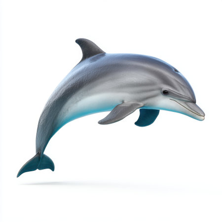 This vibrant animated dolphin character leaps joyfully above the ocean surface, embodying a spirit of playfulness and grace, perfect for educational or fun themes.の素材