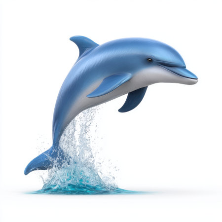 A joyful dolphin leaps gracefully out of the clear blue ocean, creating a vibrant splash of water and embodying the spirit of marine wildlife.の素材