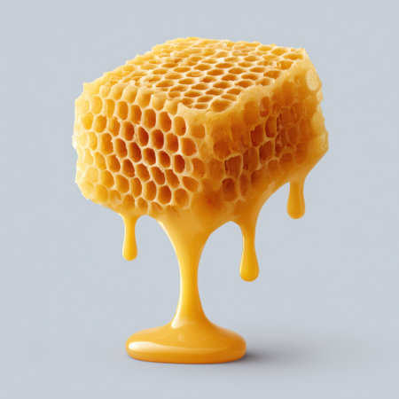 This stunning image features a golden honeycomb dripping with sweet honey on a gray background. Perfect for culinary themes and food-related projects.の素材