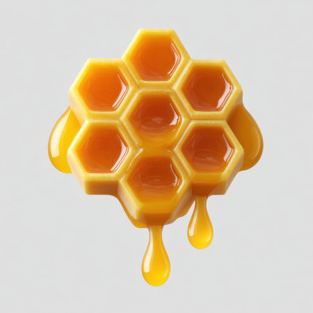 This vibrant image features a honeycomb structure with melting honey, symbolizing organic freshness and natural sweetness, ideal for culinary projects.の素材