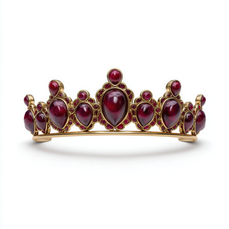 This exquisite gold tiara features stunning red gemstones, perfect for adding a touch of elegance to formal looks and special events. A timeless piece!の素材