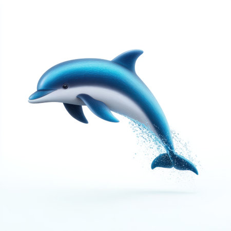 A vibrant 3D illustration of a dolphin joyfully jumping out of the water, creating splashes against a clean white background, symbolizing nature and freedom.の素材