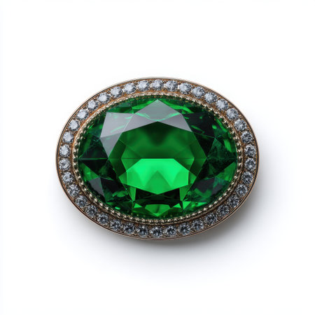 This stunning green gemstone brooch features a radiant centerpiece surrounded by sparkling diamonds, ideal for adding elegance to any outfit or occasion.の素材