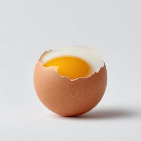 A fresh egg with a cracked shell showcasing a bright yellow yolk, perfect for culinary use, food photography, and kitchen concepts. Ideal for recipes.の素材