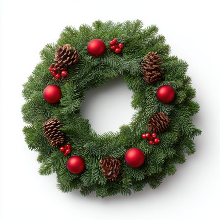 This vibrant evergreen wreath features lush foliage, red ornaments, and pine cones, perfect for enhancing any holiday decor and celebrating seasonal joy.の素材