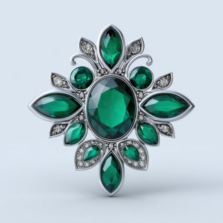 This stunning brooch features an exquisite arrangement of emerald stones set in silver, complemented by sparkling diamond accents. Perfect for special occasions.の素材