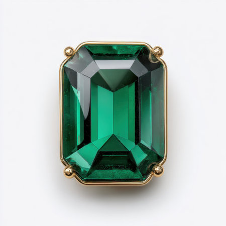 This image showcases a stunning emerald cut green gemstone set in an elegant gold frame, perfect for jewelry design projects and stylish displays.の素材