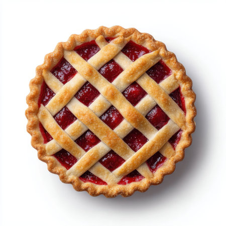 This image showcases a stunning homemade fruit pie featuring a golden crust and a classic lattice top. Perfect for celebrations and events.の素材