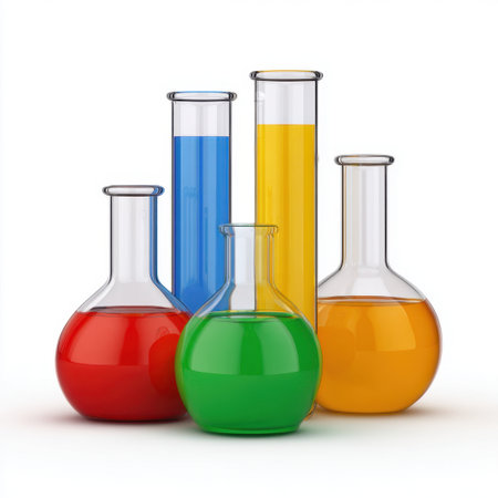 A vivid arrangement of laboratory glassware filled with liquids of different colors. This image captures the essence of scientific experimentation and research activities.の素材